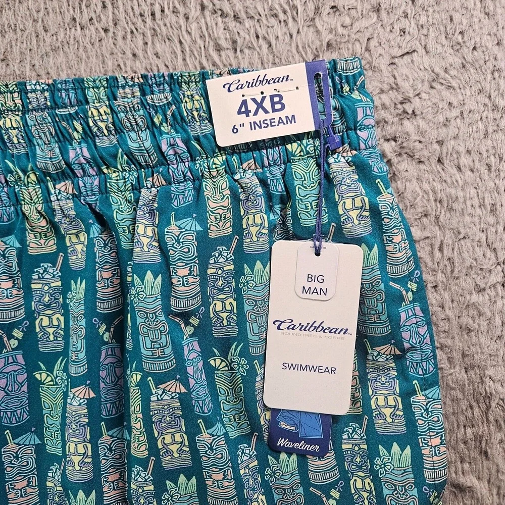NWT Caribbean Swim Shorts Trunks Men's 4XB Lined Zip Pocket Tribal Cup Green NEW